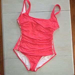Pink One Piece Swimsuit with Ruching and Thin Straps